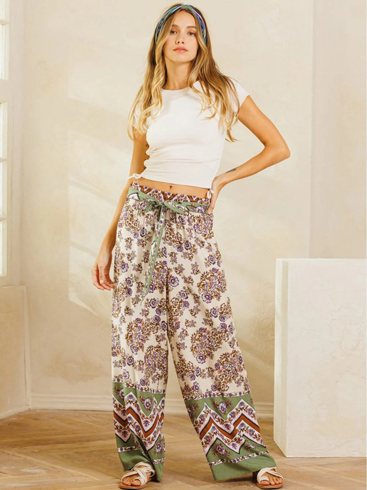 WOMEN'S WIDE LEG MULTI PRINT SELF TIE PANTS