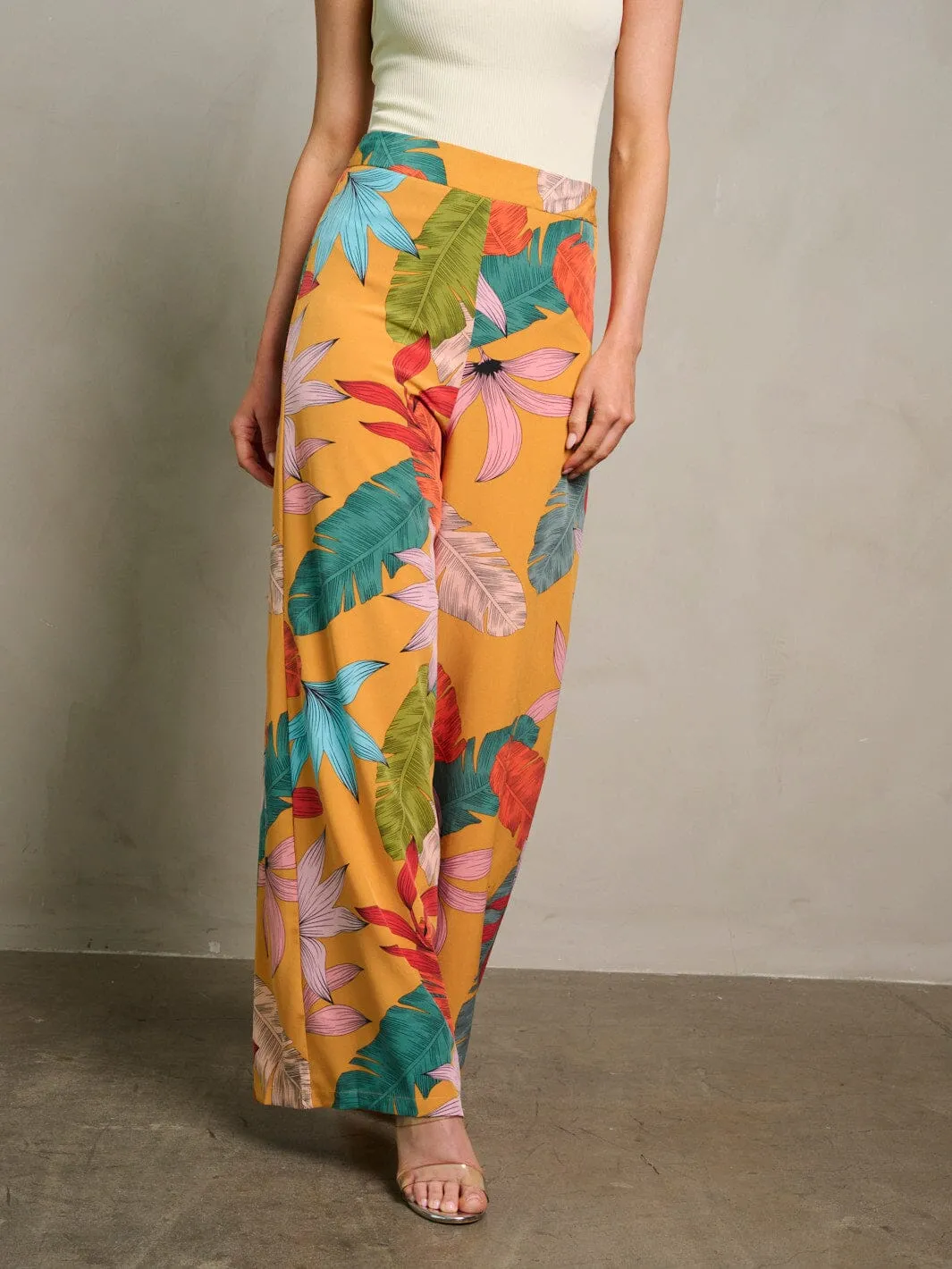 WOMEN'S ZIP UP LEAF PRINT WIDE LEG PANTS