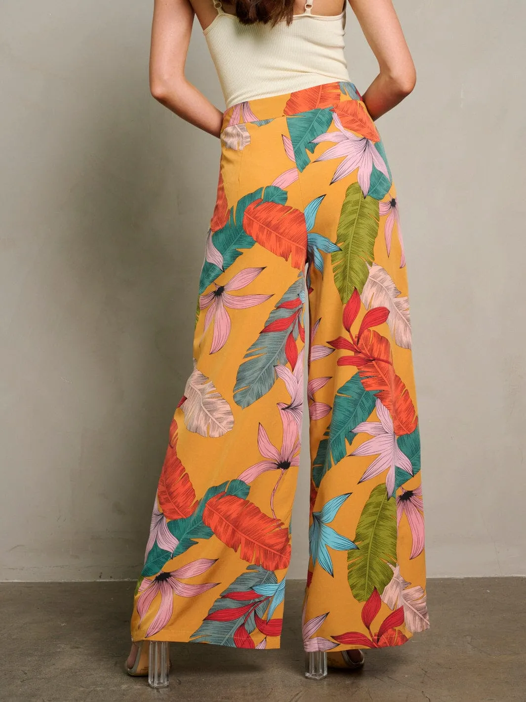 WOMEN'S ZIP UP LEAF PRINT WIDE LEG PANTS
