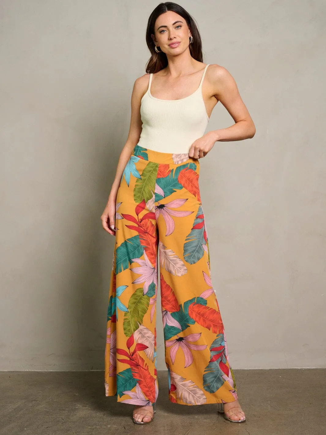 WOMEN'S ZIP UP LEAF PRINT WIDE LEG PANTS