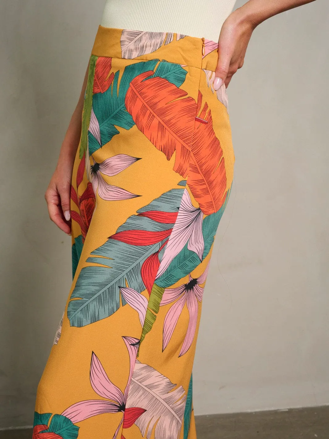 WOMEN'S ZIP UP LEAF PRINT WIDE LEG PANTS
