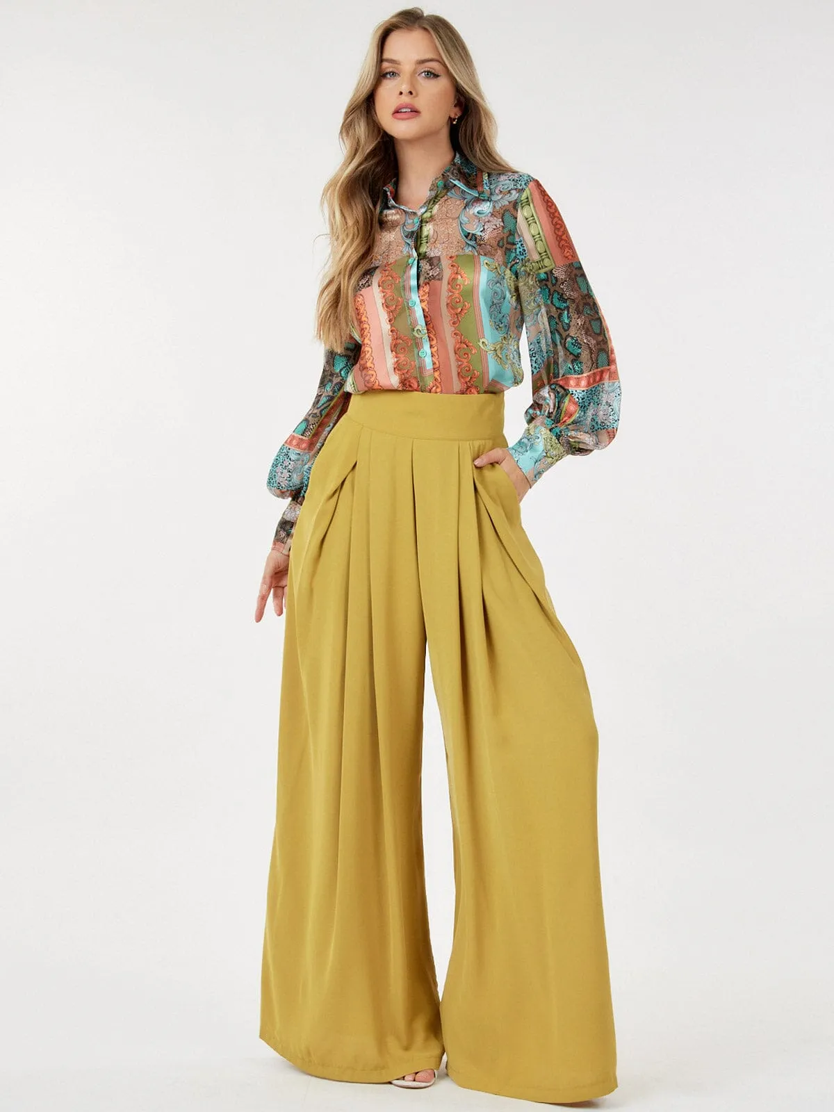 WOMEN'S ZIP UP PLEATED FRONT POCKETS WIDE LEG PANTS