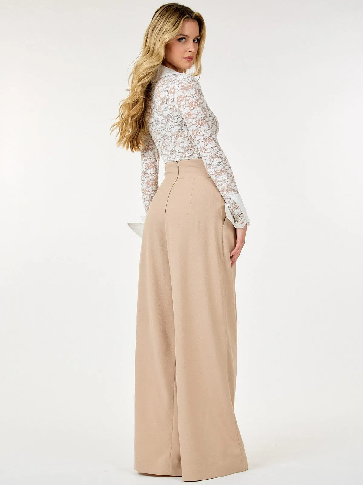 WOMEN'S ZIP UP PLEATED FRONT POCKETS WIDE LEG PANTS