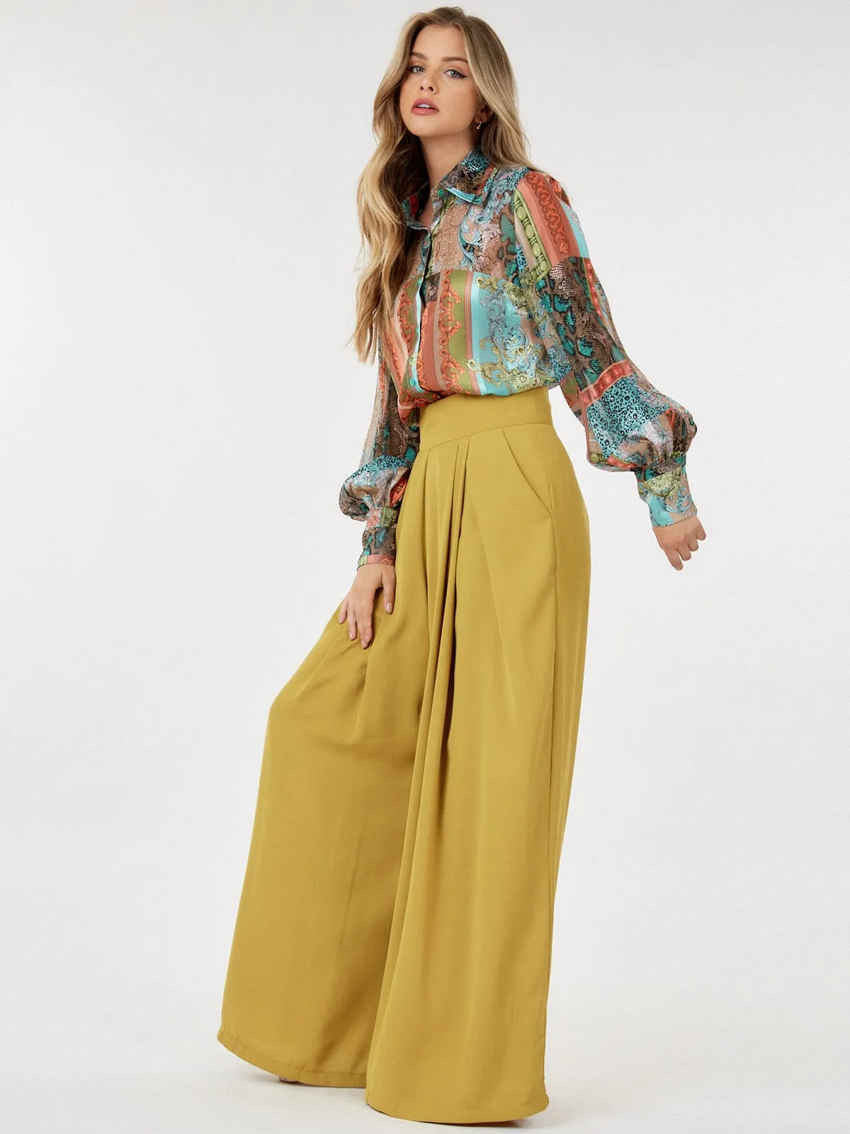 WOMEN'S ZIP UP PLEATED FRONT POCKETS WIDE LEG PANTS