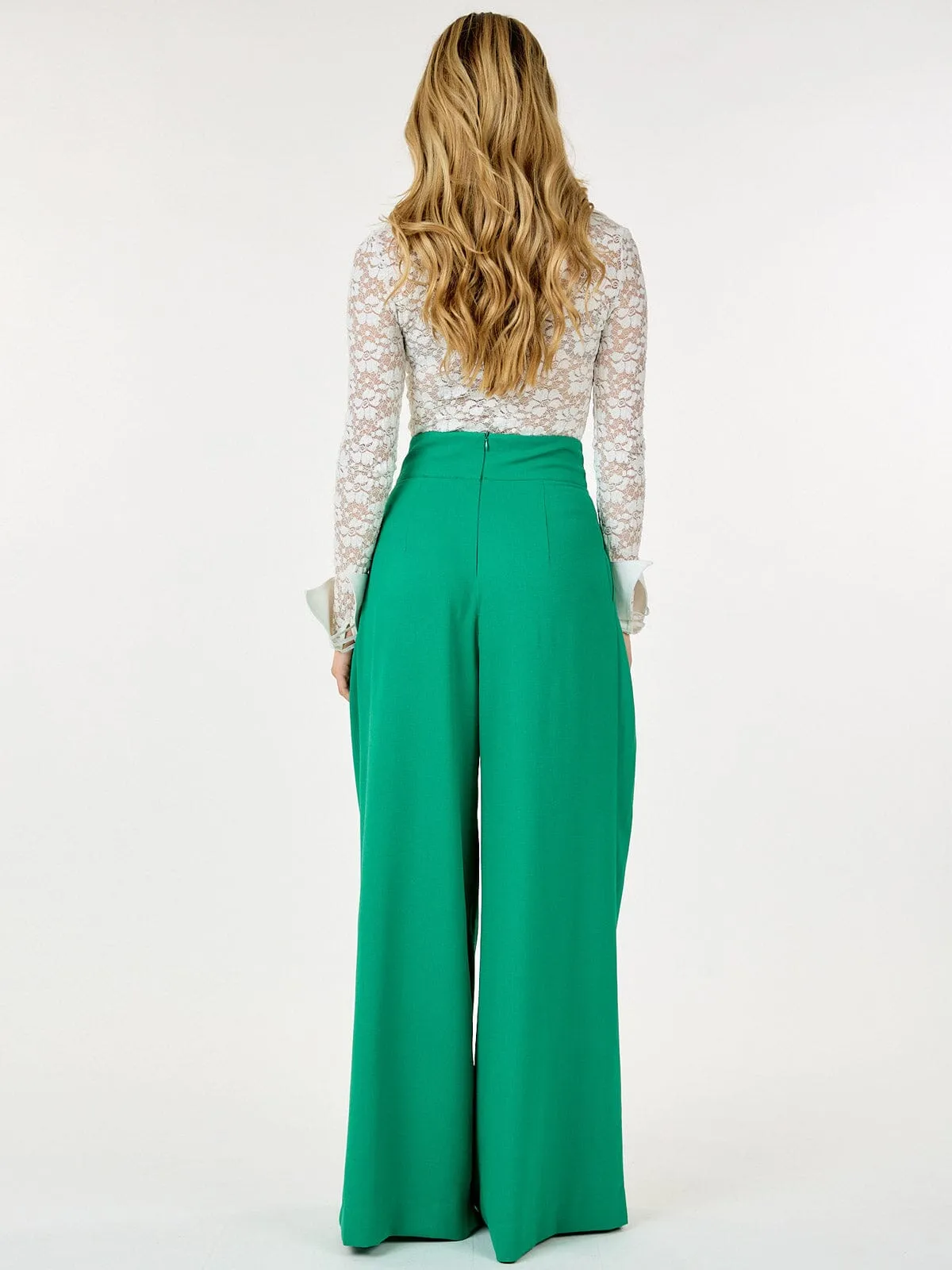 WOMEN'S ZIP UP PLEATED FRONT POCKETS WIDE LEG PANTS