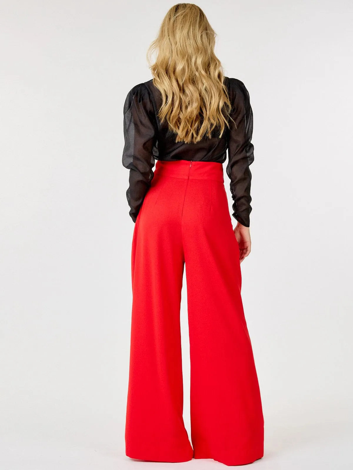 WOMEN'S ZIP UP PLEATED FRONT POCKETS WIDE LEG PANTS