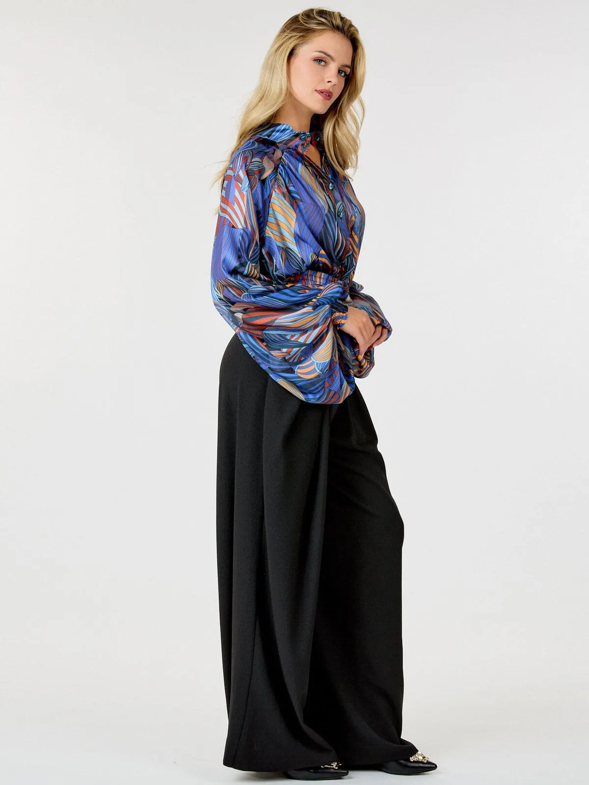 WOMEN'S ZIP UP PLEATED FRONT POCKETS WIDE LEG PANTS
