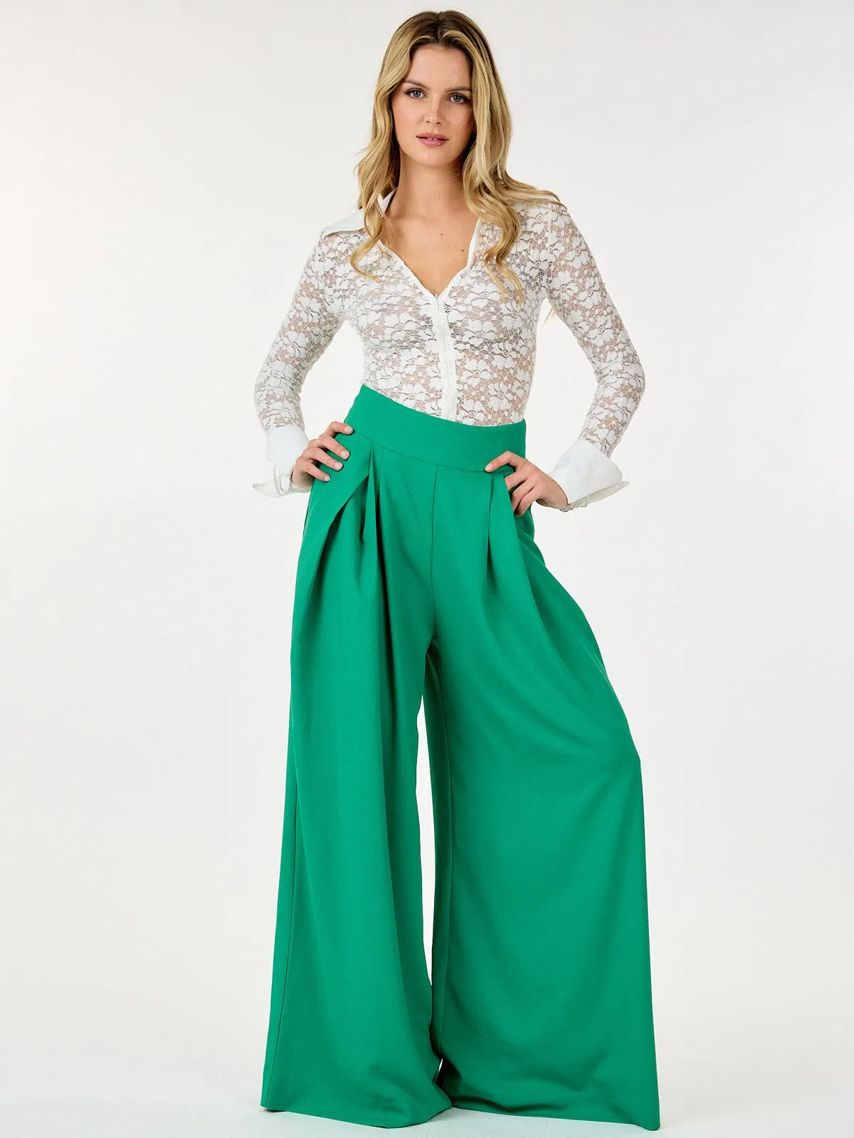 WOMEN'S ZIP UP PLEATED FRONT POCKETS WIDE LEG PANTS