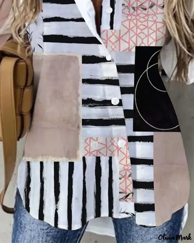 Xieyinshe - Geometric Print Long Sleeve Button Down Shirt