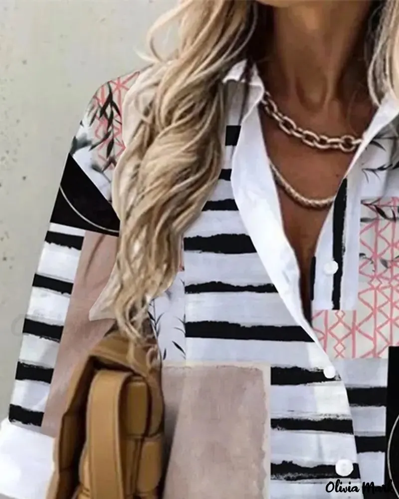 Xieyinshe - Geometric Print Long Sleeve Button Down Shirt