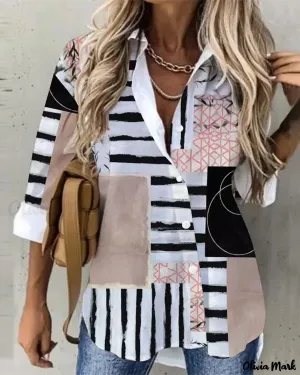 Xieyinshe - Geometric Print Long Sleeve Button Down Shirt