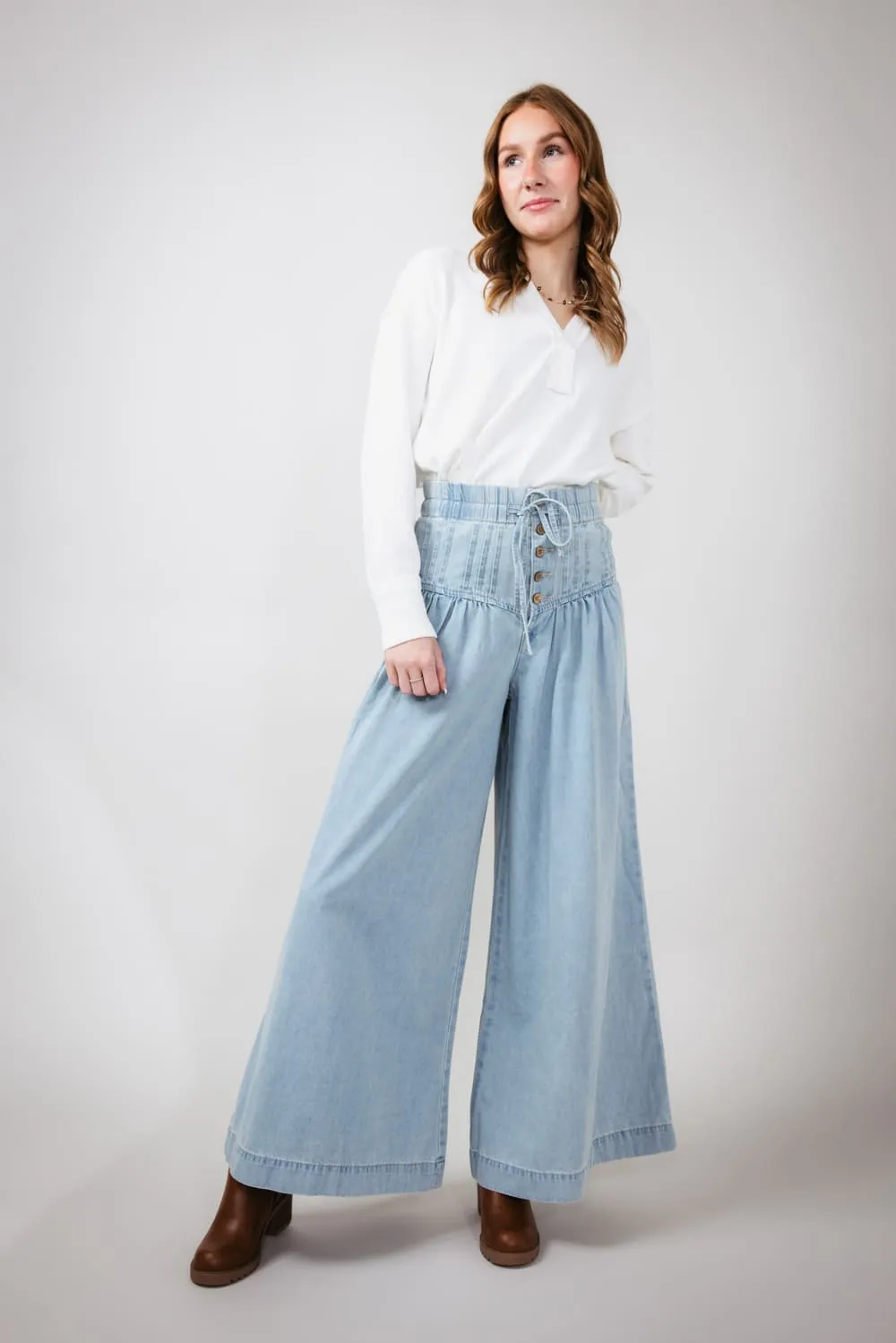 Yoke Pintuck Wide Leg Denim Pants for Women | MAP2991-DENIM