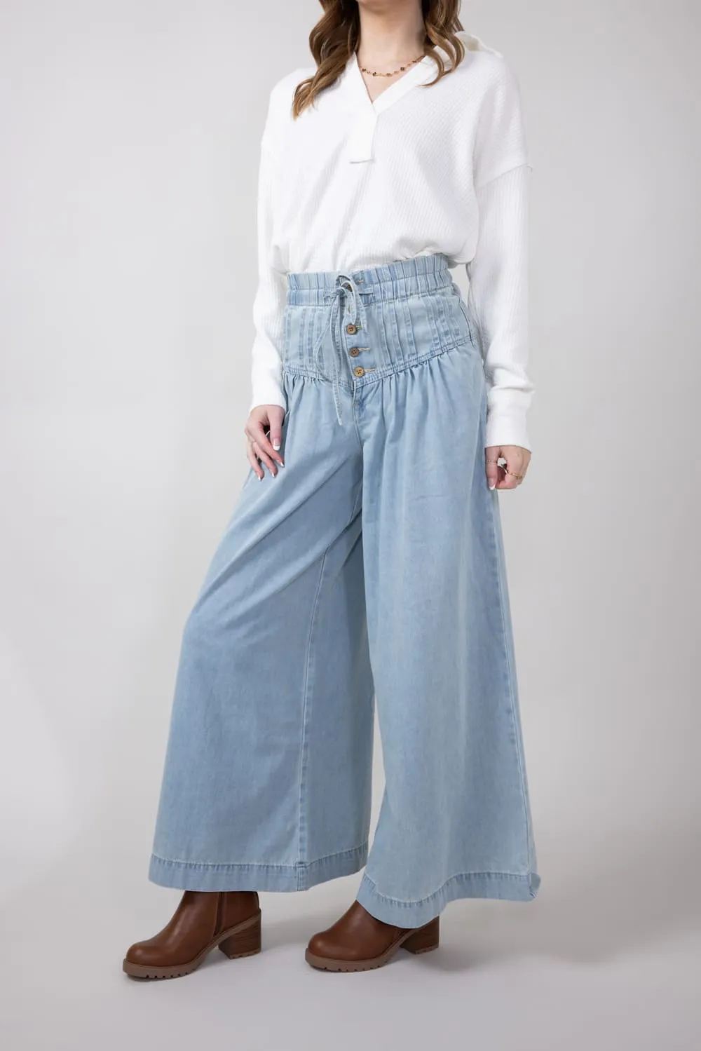 Yoke Pintuck Wide Leg Denim Pants for Women | MAP2991-DENIM