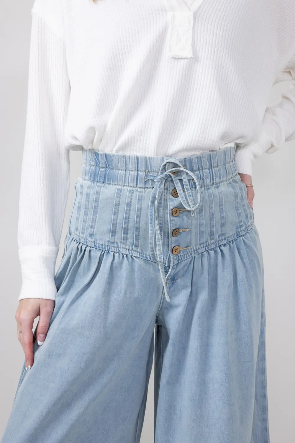 Yoke Pintuck Wide Leg Denim Pants for Women | MAP2991-DENIM