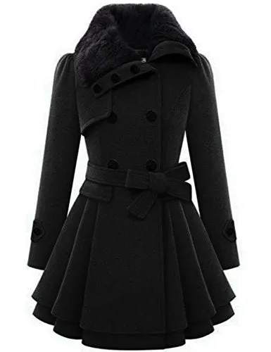 Zeagoo Women's Faux Fur Lapel Wool Trench Coat