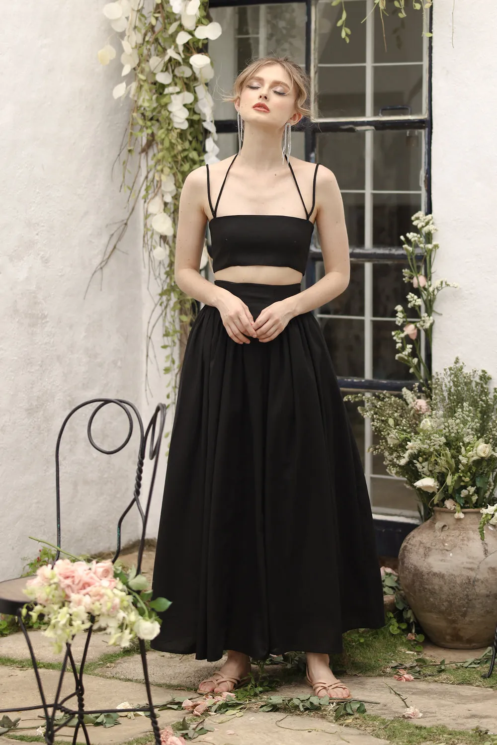 ZETA SET Crop Bandeau Top and High Waist Baroque Style Midi Skirt (Black Linen)