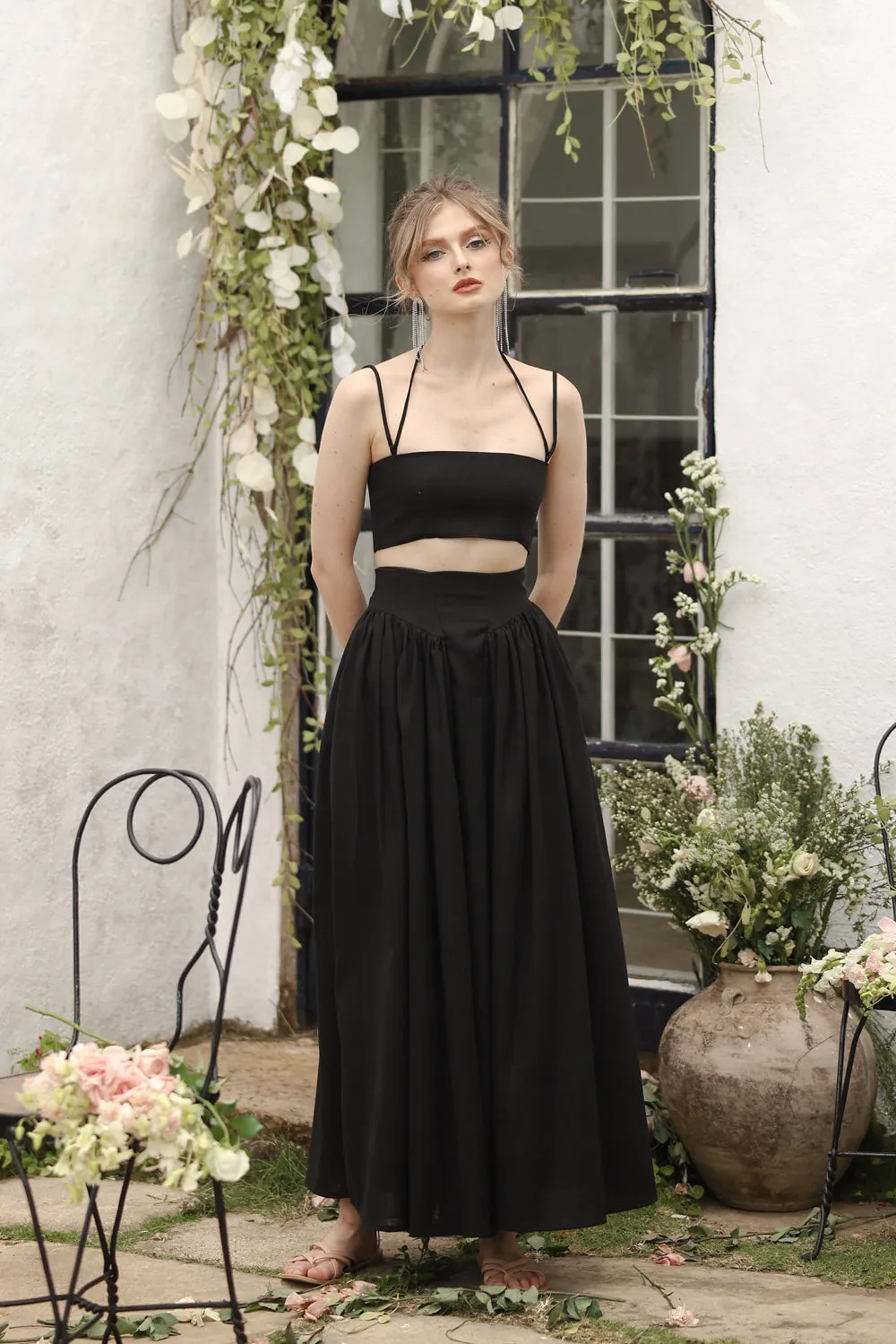 ZETA SET Crop Bandeau Top and High Waist Baroque Style Midi Skirt (Black Linen)