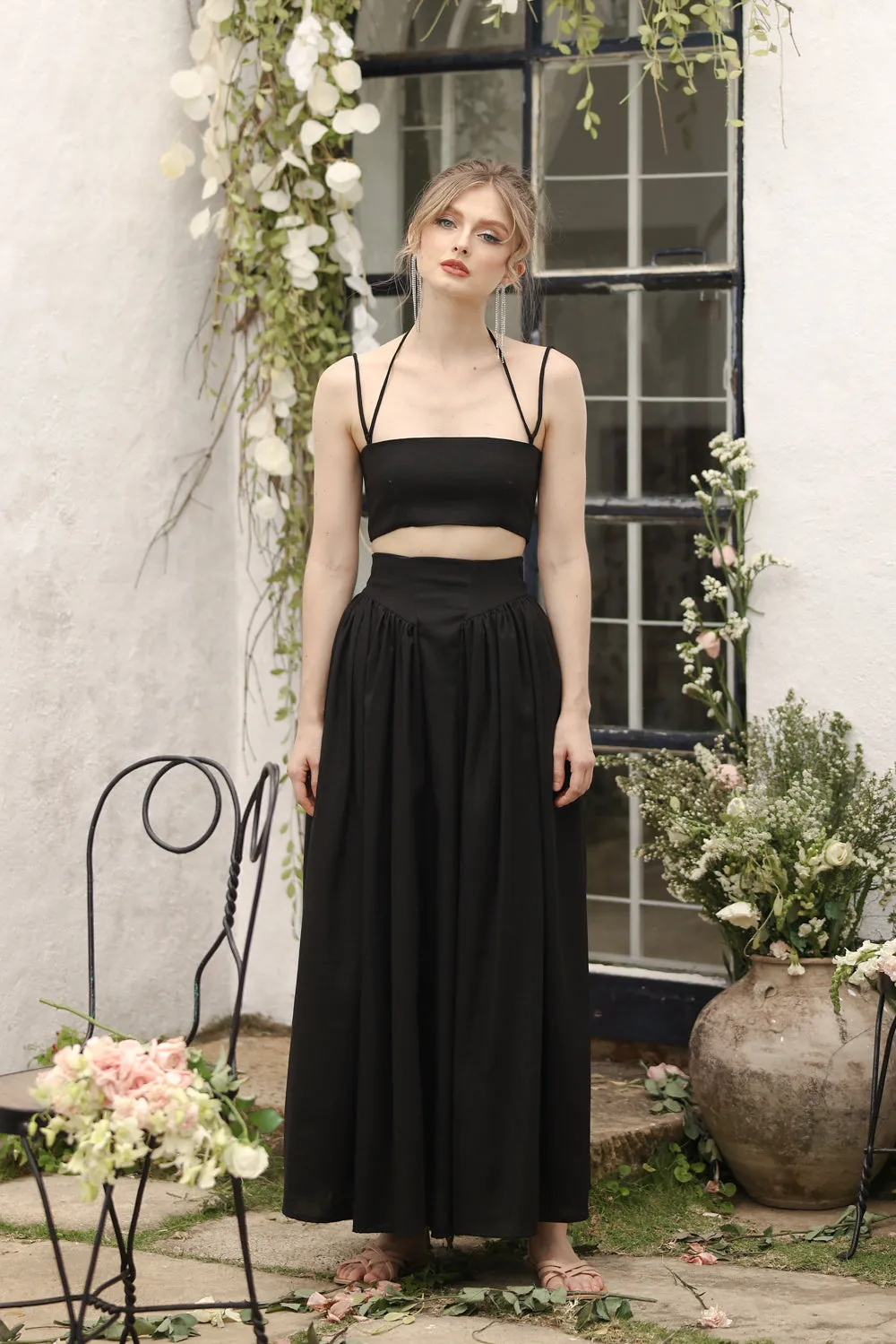 ZETA SET Crop Bandeau Top and High Waist Baroque Style Midi Skirt (Black Linen)