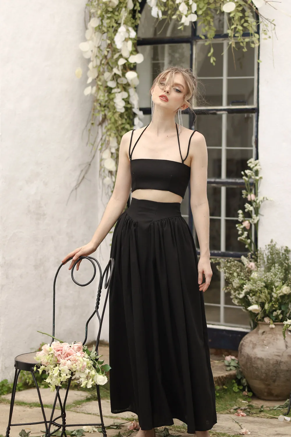 ZETA SET Crop Bandeau Top and High Waist Baroque Style Midi Skirt (Black Linen)