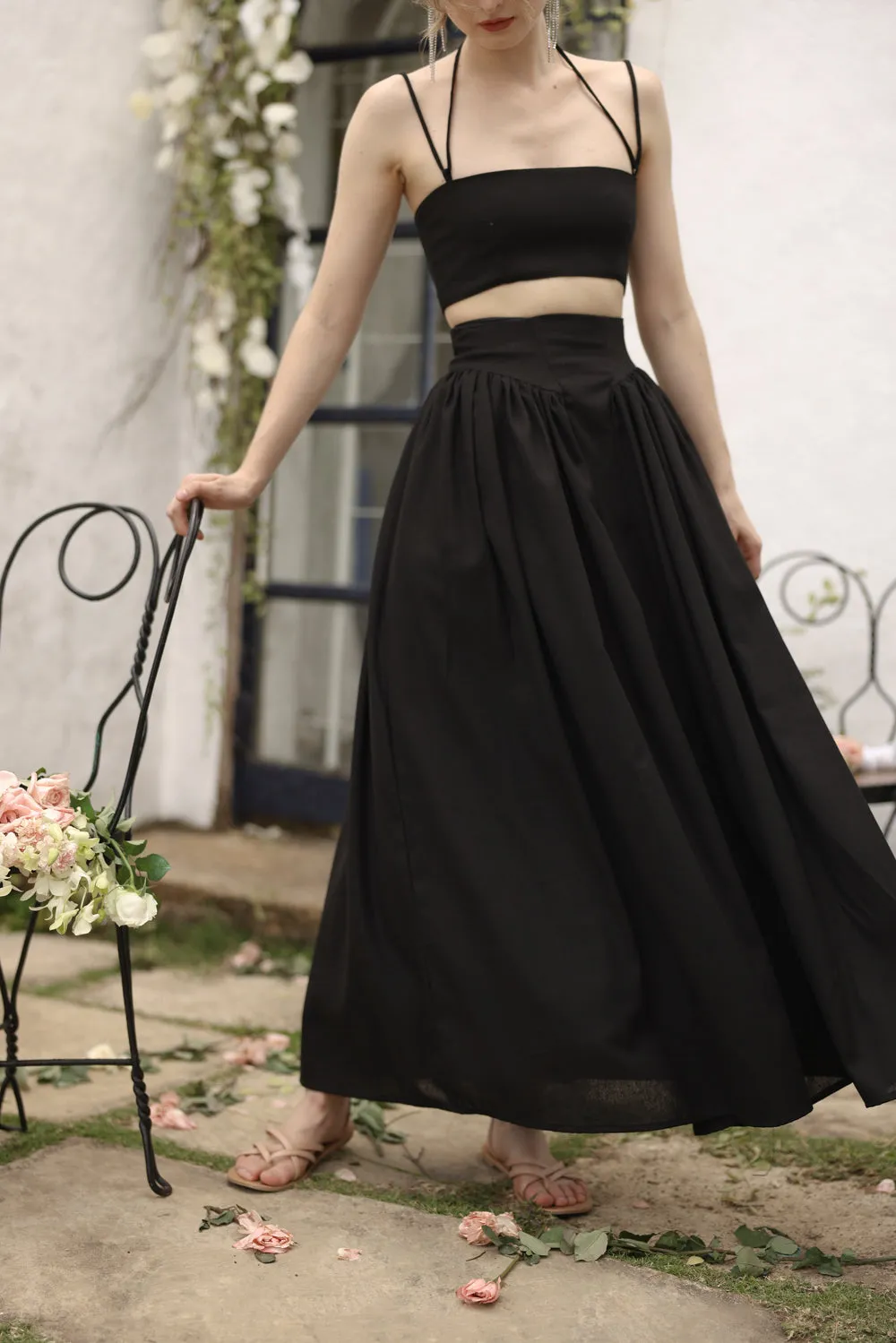 ZETA SET Crop Bandeau Top and High Waist Baroque Style Midi Skirt (Black Linen)