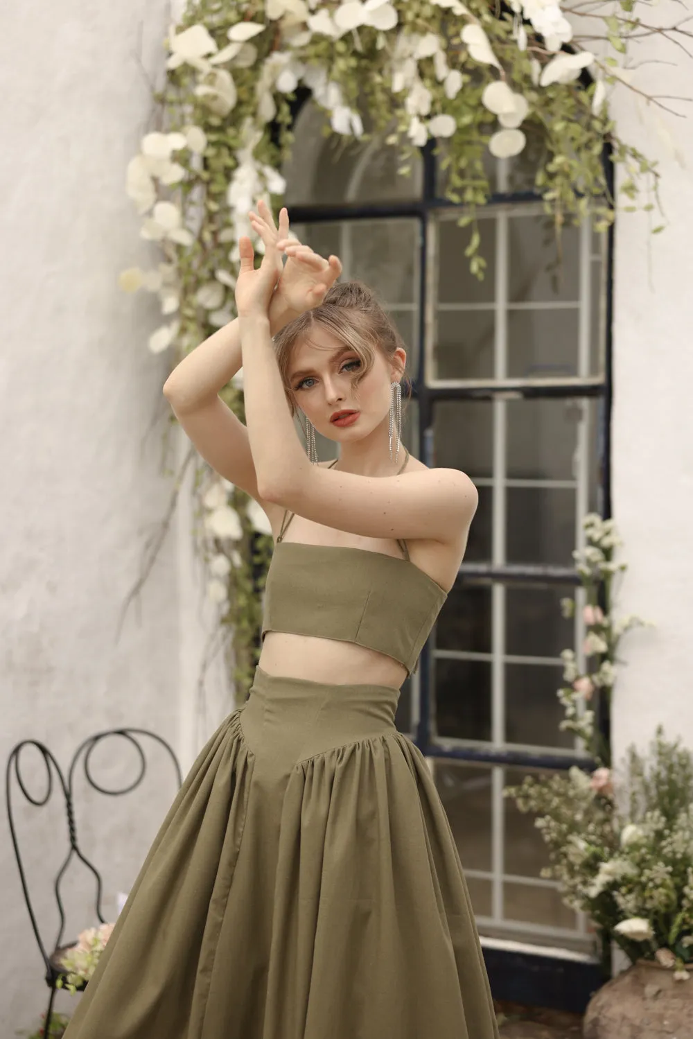 ZETA SET Crop Bandeau Top and High Waist Baroque Style Midi Skirt (Olive Linen)