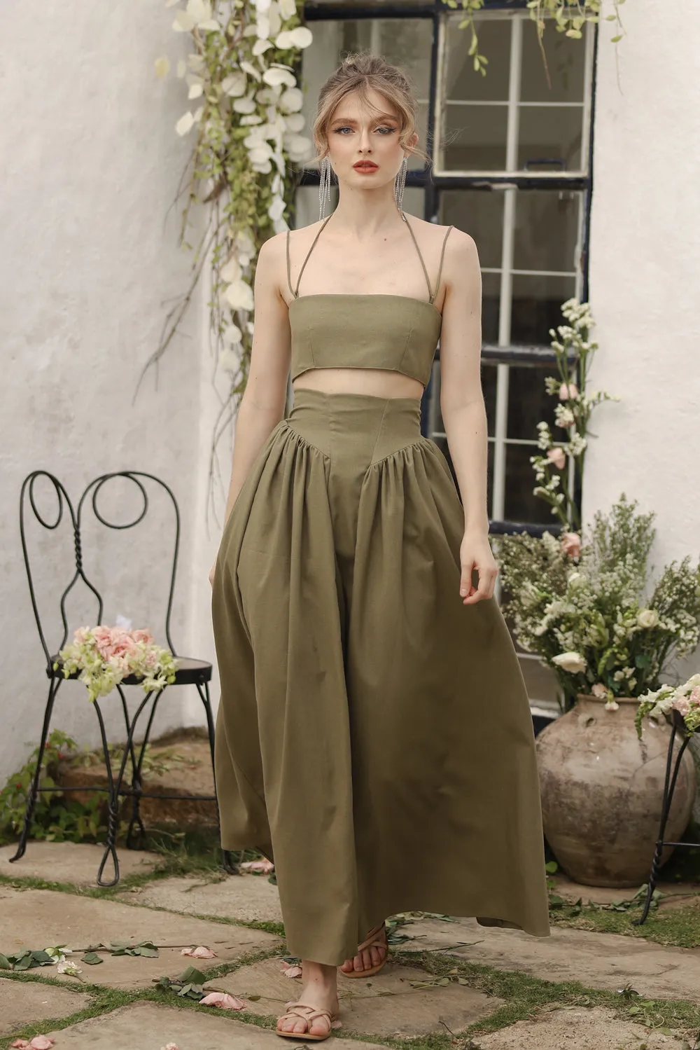 ZETA SET Crop Bandeau Top and High Waist Baroque Style Midi Skirt (Olive Linen)