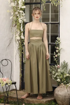 ZETA SET Crop Bandeau Top and High Waist Baroque Style Midi Skirt (Olive Linen)