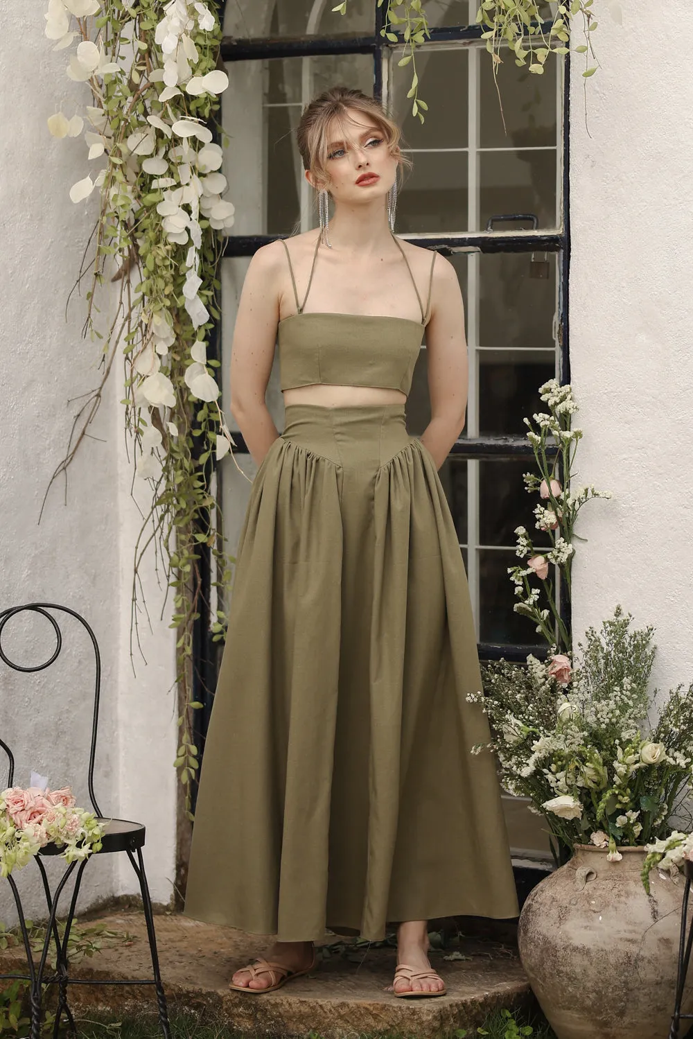 ZETA SET Crop Bandeau Top and High Waist Baroque Style Midi Skirt (Olive Linen)