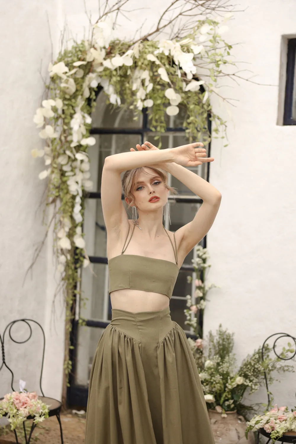ZETA SET Crop Bandeau Top and High Waist Baroque Style Midi Skirt (Olive Linen)