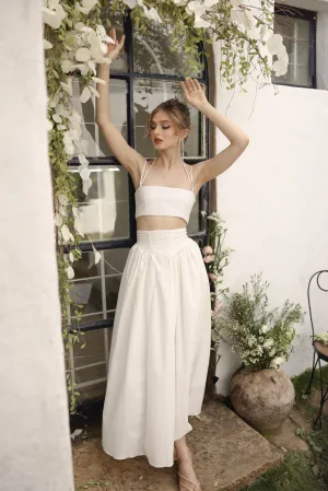 ZETA SET Crop Bandeau Top and High Waist Baroque Style Midi Skirt (White Linen)