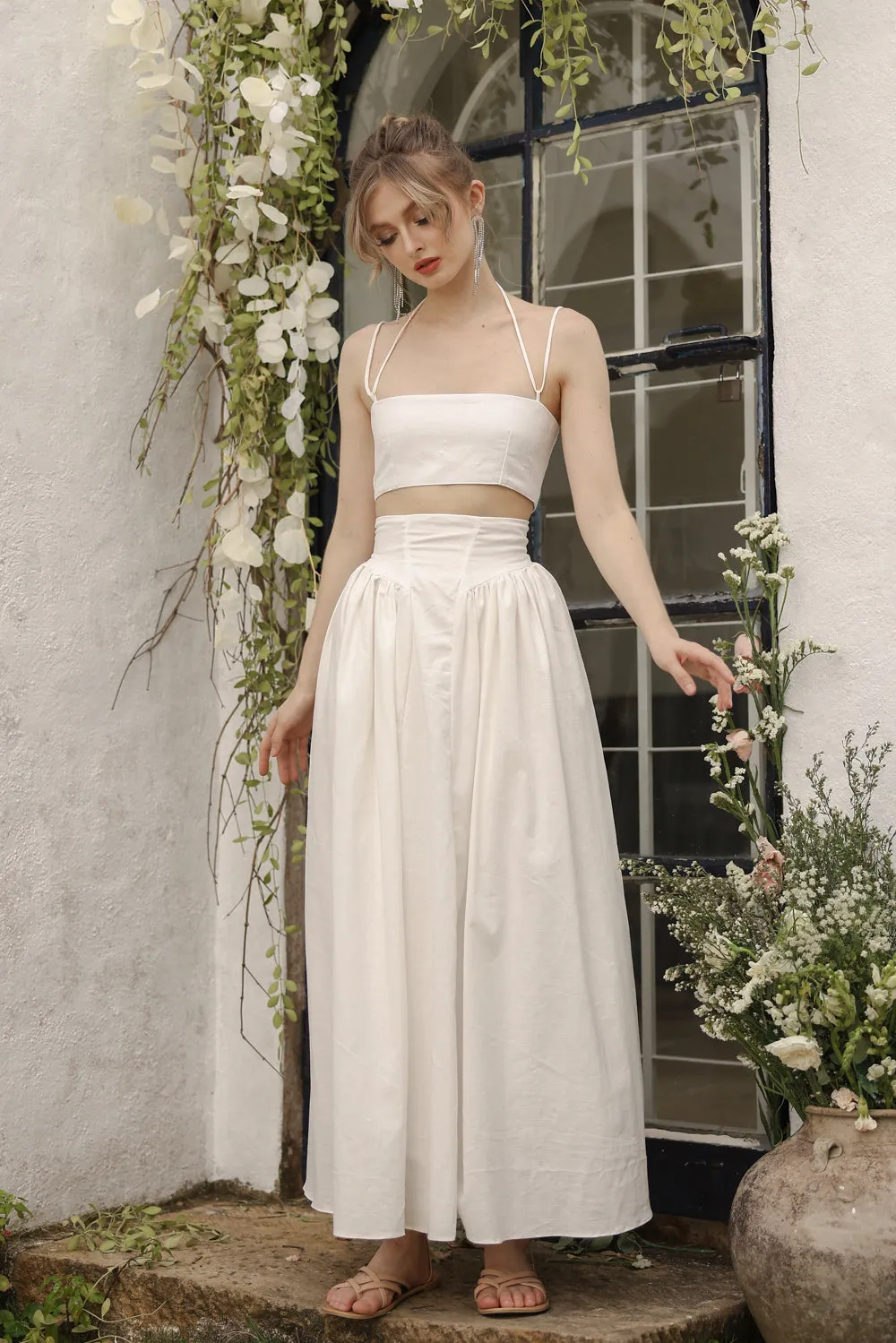 ZETA SET Crop Bandeau Top and High Waist Baroque Style Midi Skirt (White Linen)