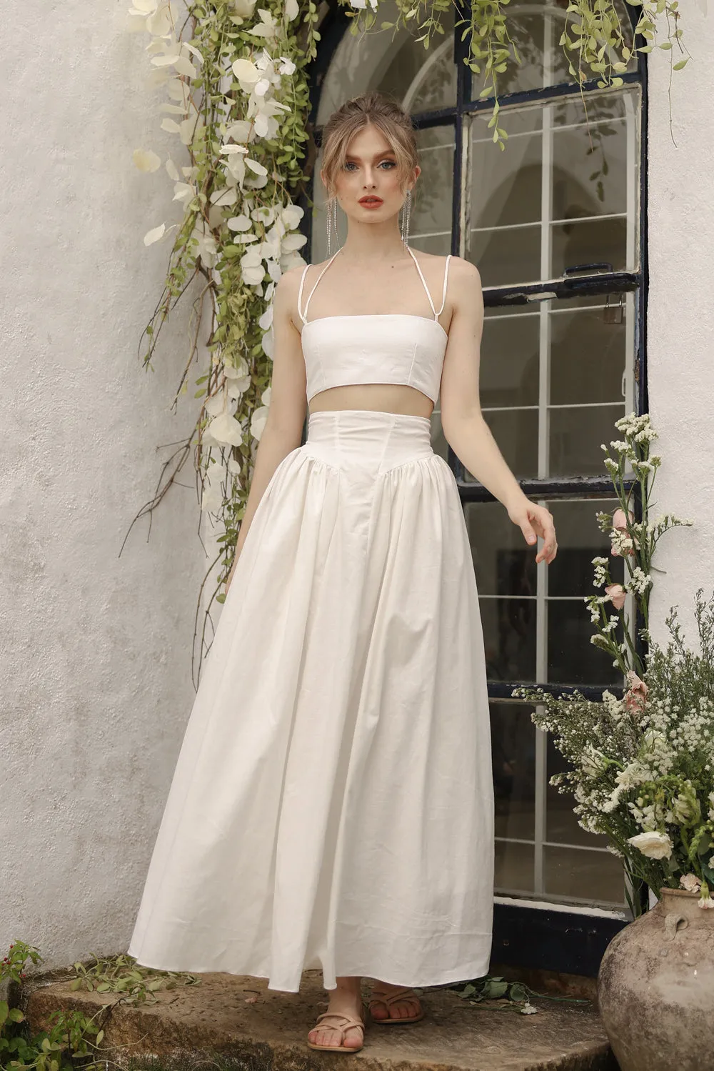 ZETA SET Crop Bandeau Top and High Waist Baroque Style Midi Skirt (White Linen)