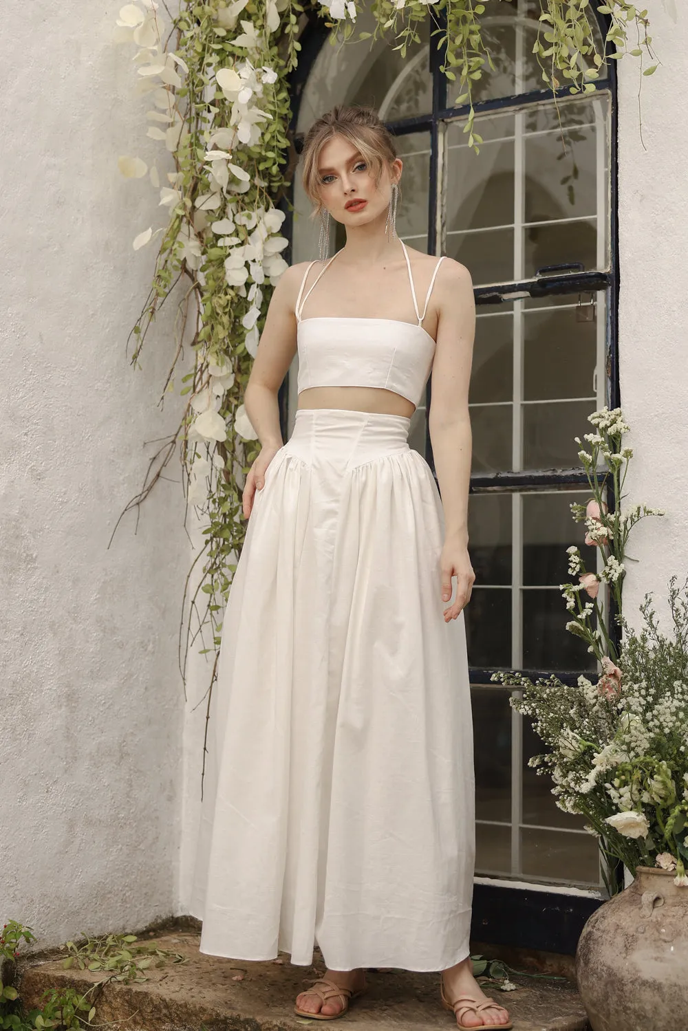 ZETA SET Crop Bandeau Top and High Waist Baroque Style Midi Skirt (White Linen)