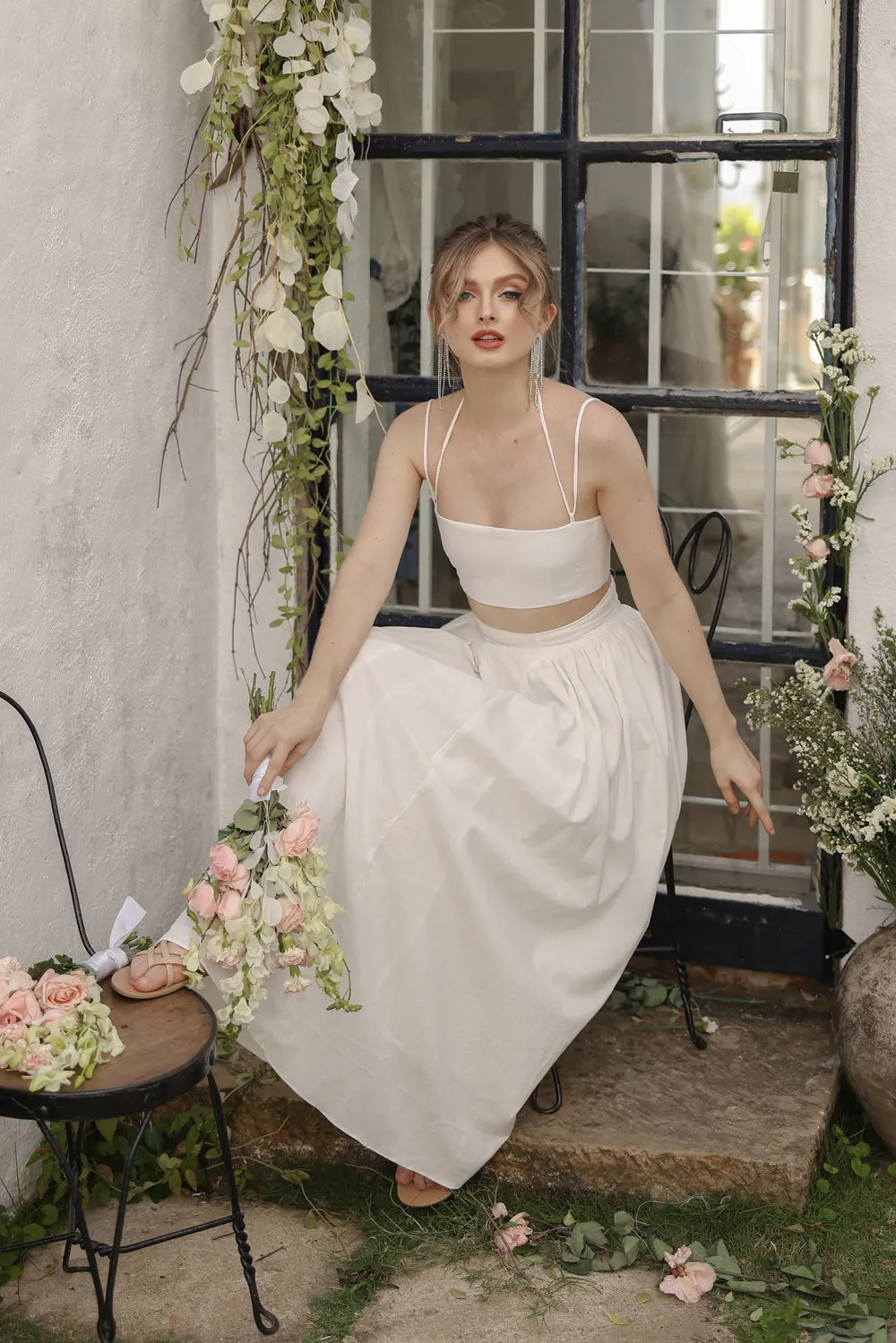 ZETA SET Crop Bandeau Top and High Waist Baroque Style Midi Skirt (White Linen)
