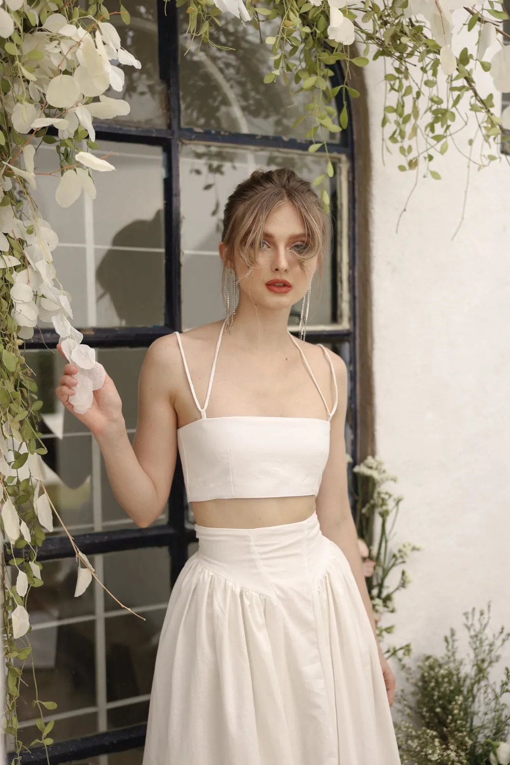 ZETA SET Crop Bandeau Top and High Waist Baroque Style Midi Skirt (White Linen)