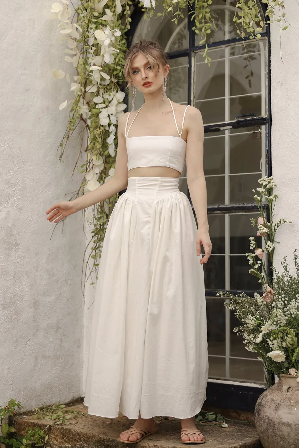 ZETA SET Crop Bandeau Top and High Waist Baroque Style Midi Skirt (White Linen)