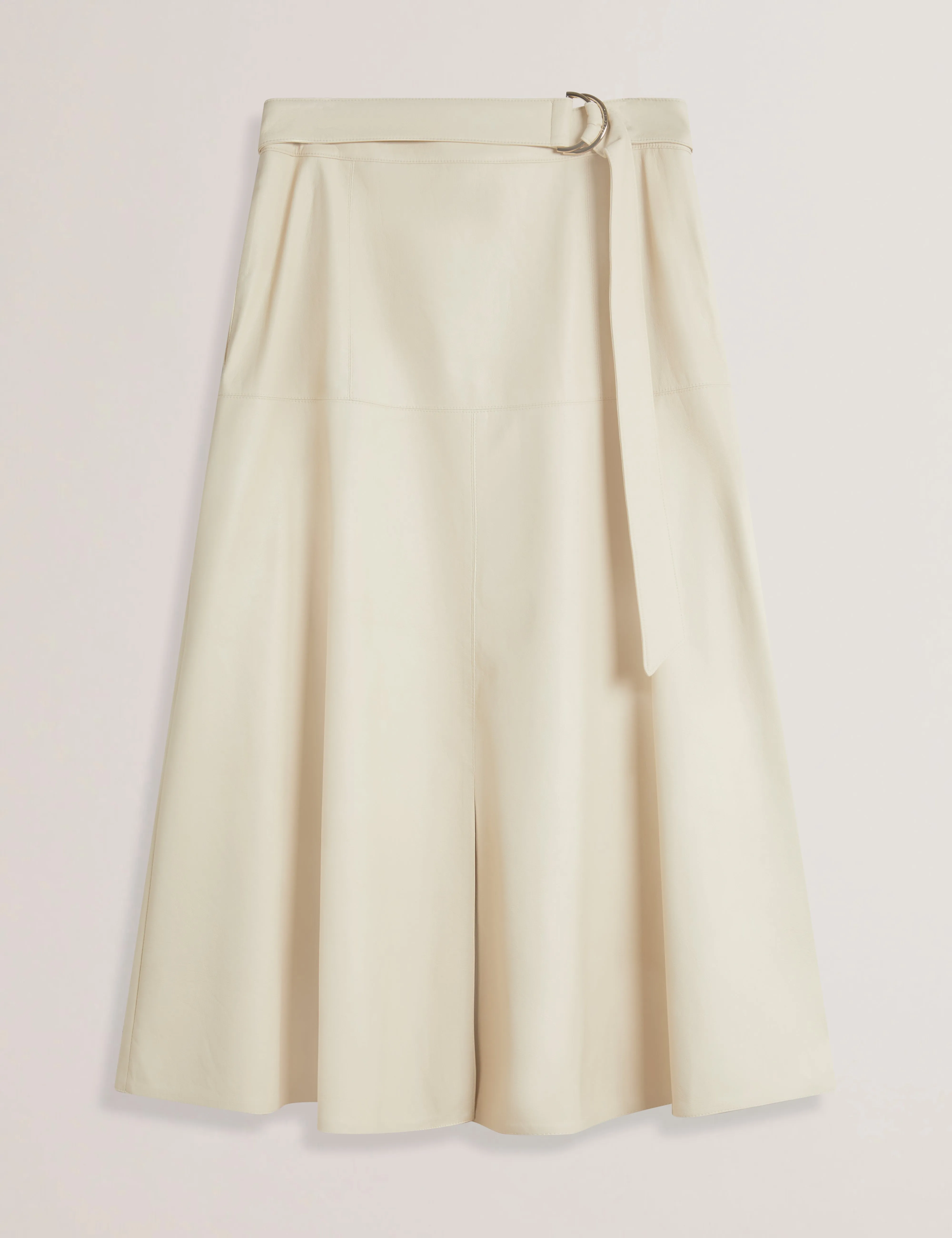 Zimi Faux Leather A Line Belted Midi Skirt Ecru