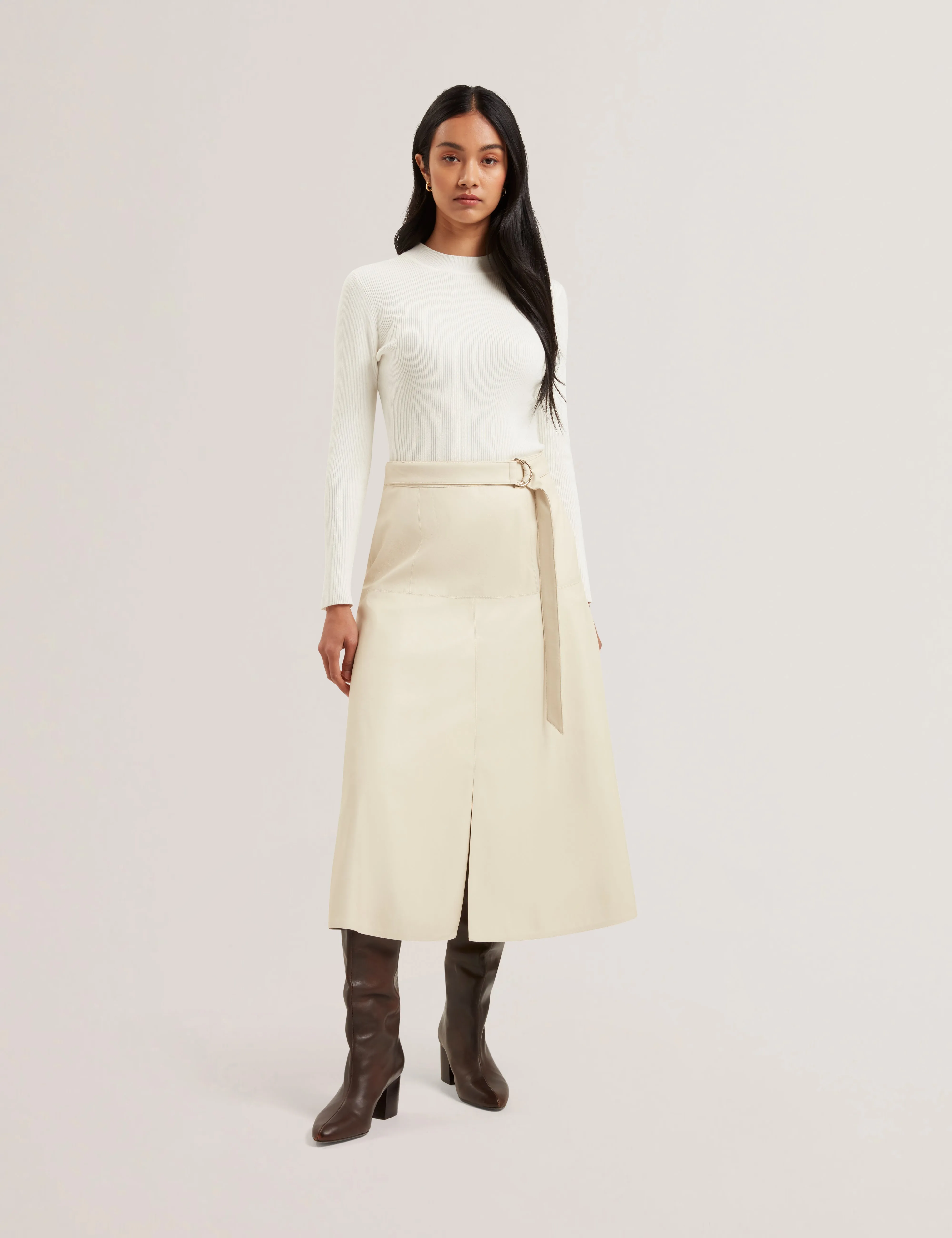 Zimi Faux Leather A Line Belted Midi Skirt Ecru