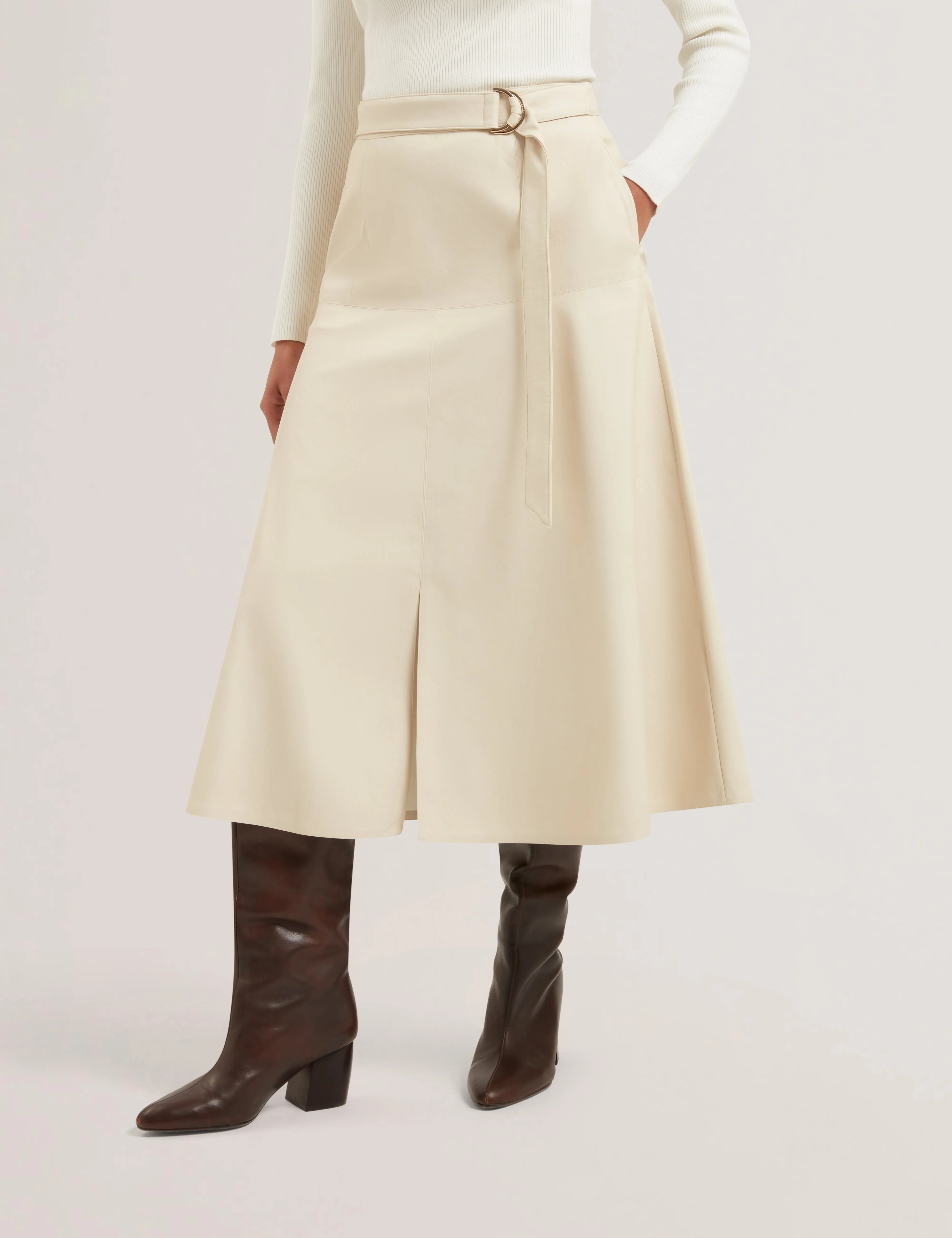 Zimi Faux Leather A Line Belted Midi Skirt Ecru