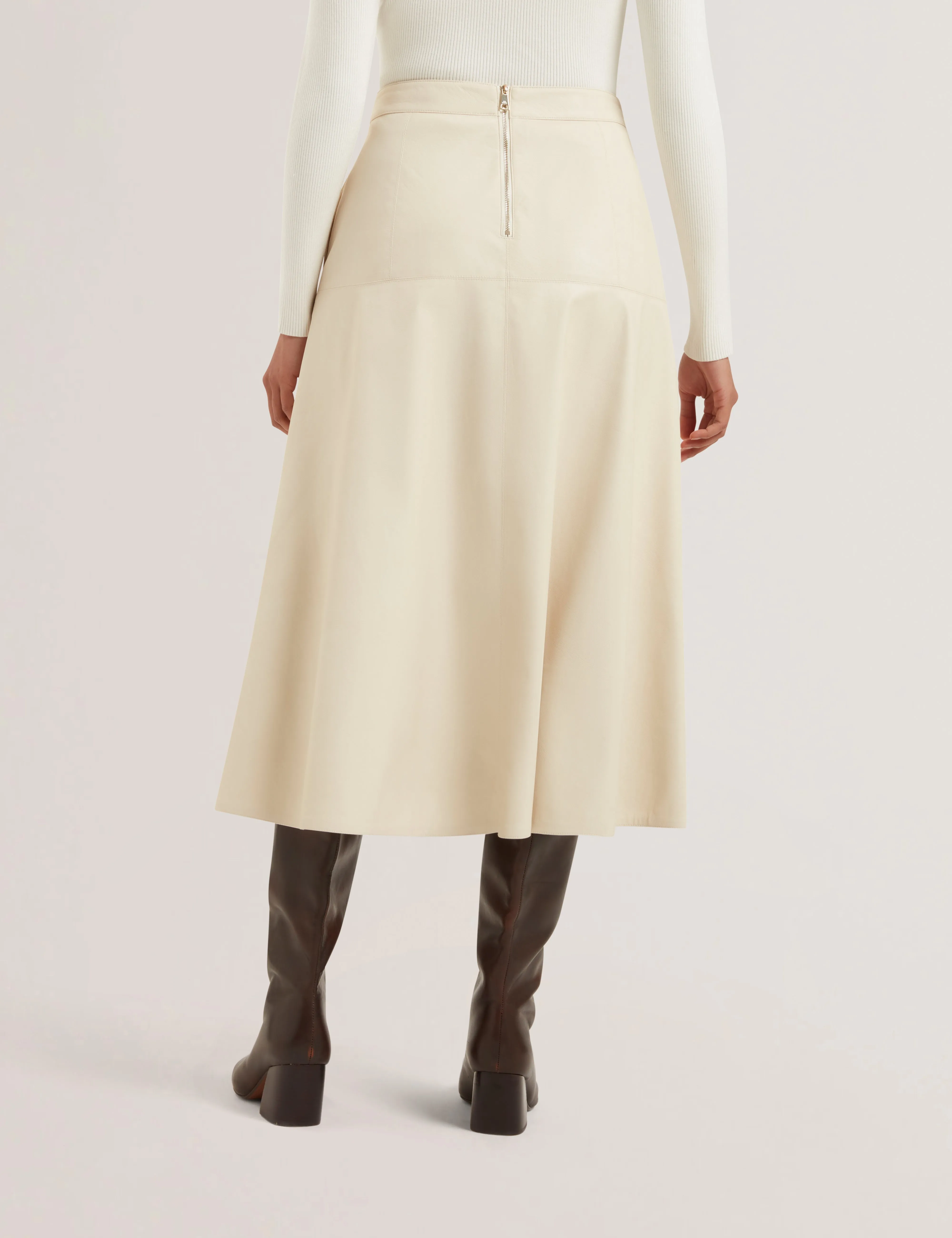 Zimi Faux Leather A Line Belted Midi Skirt Ecru